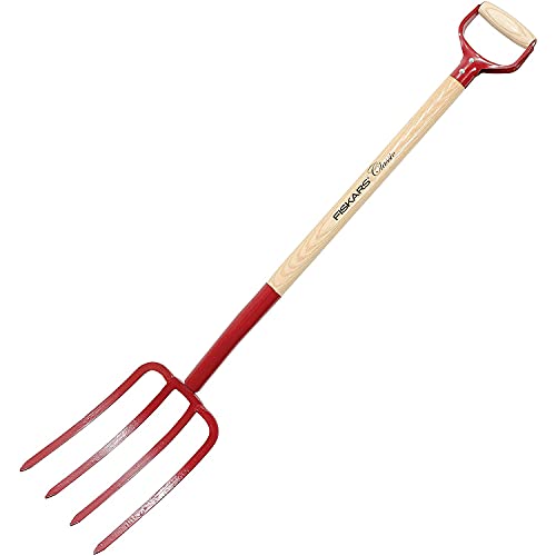 Fiskars Classic Horca para labrar, Con 4 púas, Longitud: 110.5 cm, Empuñadura de madera de fresno sin nudos/púas de acero, Rojo, 1003692