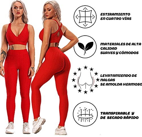 FITTOO Leggings Push Up Mujer Mallas Pantalones Deportivos Alta Cintura Elásticos Yoga Fitness Rojo S