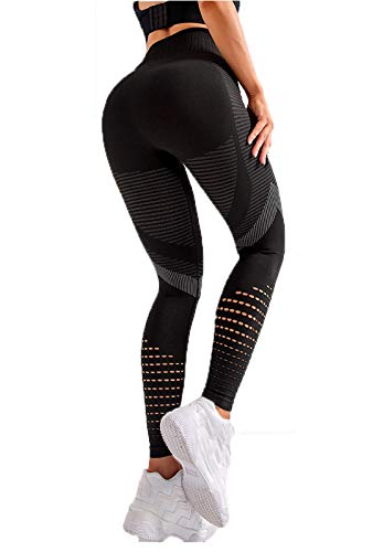 FITTOO Leggings Sin Costuras Corte Hueco Texturizado Tejido Geométrico Mujer Pantalon Deportivo Yoga Elásticos #1 Negro Small