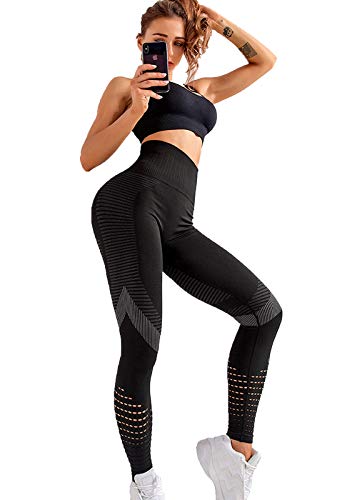 FITTOO Leggings Sin Costuras Corte Hueco Texturizado Tejido Geométrico Mujer Pantalon Deportivo Yoga Elásticos #1 Negro Small