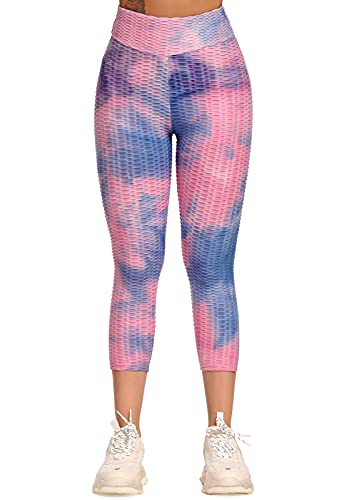 FITTOO Mallas 3/4 Leggings Capris Mujer Pantalones Yoga Alta Cintura Elásticos Super Suave #1 Azul& Rosa S