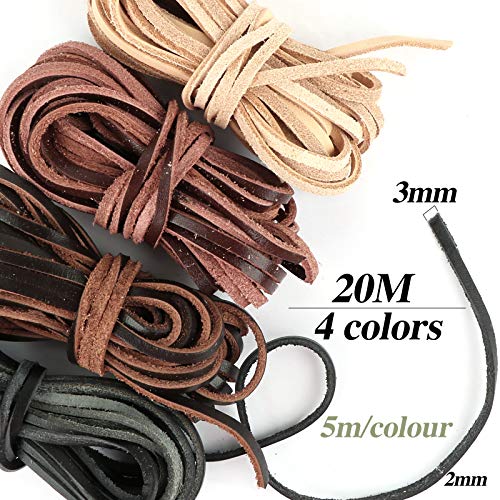 FLOFIA 3mm*20m Cordón de Cuero Plano 4 Colores, Banda Cintas de Cuero Leather Cord Tira Cuero para Colgante Pulsera Collar Manualidades Colores Mixtos