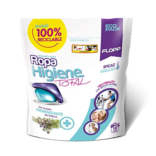 Flopp - Detergente para Ropa Higiene Total, 18 Cápsulas | Detergente Temperatura Baja Elimina Olor. Detergente Lavadora Ropa Eco Limpia sin Ensuciar el Planeta