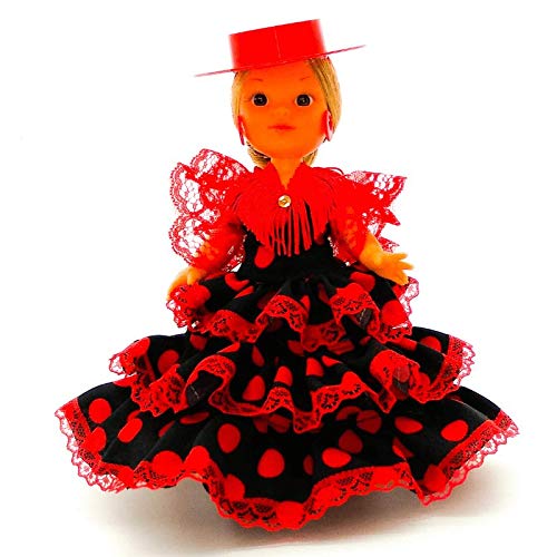 Folk Artesanía Muñeca colección Regional 25 cm. Vestido típico Andaluza Flamenca Andalucía Sombrero cordobesa Córdoba, Fabricada en España (Negro Lunar Rojo)
