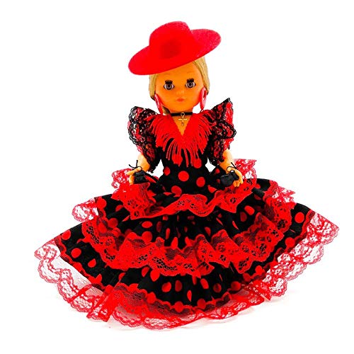 Folk Artesanía Muñeca Regional colección 35 cm con Sombrero cordobesa Vestido típico Andaluza o Flamenca Andalucía Córdoba España, Nueva y Original. (Negro Lunar Rojo)
