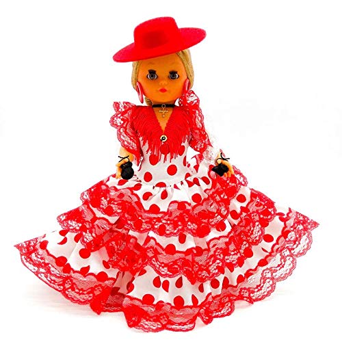Folk Artesanía Muñeca Regional colección 35 cm con Sombrero cordobesa Vestido típico Andaluza o Flamenca Andalucía Córdoba España, Nueva y Original. (Negro Lunar Rojo)