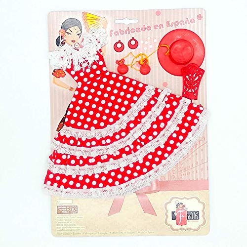Folk Artesanía Set Vestido, Pendientes, Sombrero, peinetas y castañuelas Flamenca Andaluza para muñeca Barbie de Mattel. Muñeca no incluida (Negro Lunar Blanco)