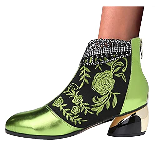 Fomino Botines para mujer, botas de tobillo Chukka, botas de caña corta, estilo retro, color personalizable, estampado bordado, chukka, botas de equitación, botines, verde, 40 EU