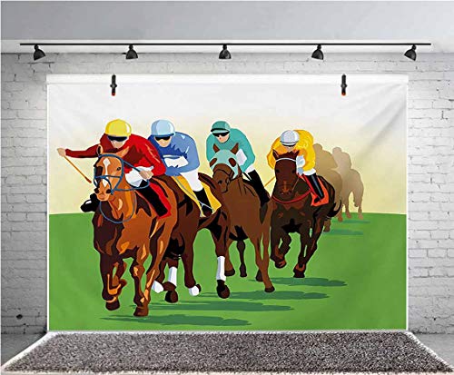 Fondo de vinilo para fotos de caballo de 5 x 3 pies, vibrante escena competitiva colorida, con jockeys carreras caballos equino, fondo de arte retro para baby shower, estudio fotográfico, fotobooth