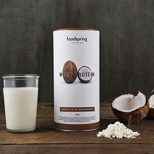 foodspring Proteína Whey, Sabor Coco, 750g, Fórmula en polvo alta en proteínas para unos músculos más fuertes, elaborada con leche de pastoreo de primera calidad