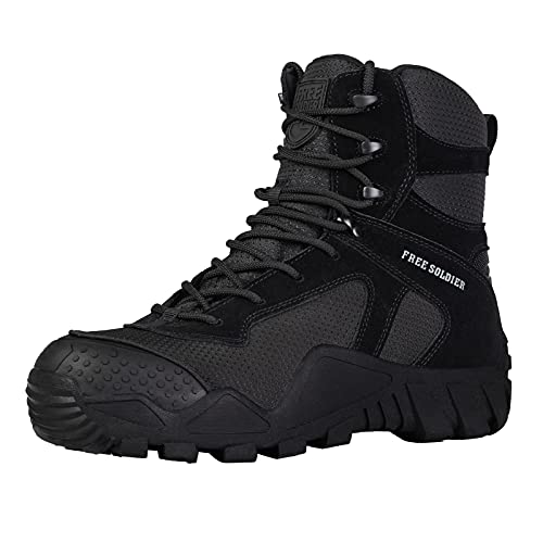 FREE SOLDIER Botas de Caza para Hombres Botas Militares de Combate de Tiro Alto con Cordones Zapatos Ligeros para Todo Terreno para Senderismo, Trabajo(Color Negro, 44 EU)