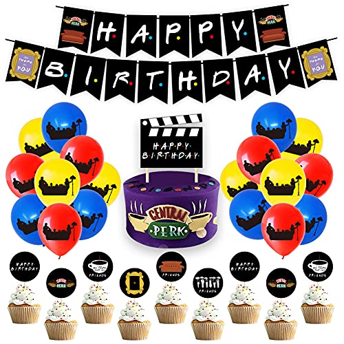 Friends Birthday Party Decoration Set TV Show Suministros de Decoración para Fiestas que incluyen Pancartas de Cumpleaños Adornos para Cupcakes y Coloridos Globos de Látex para Niños Adultos Fans