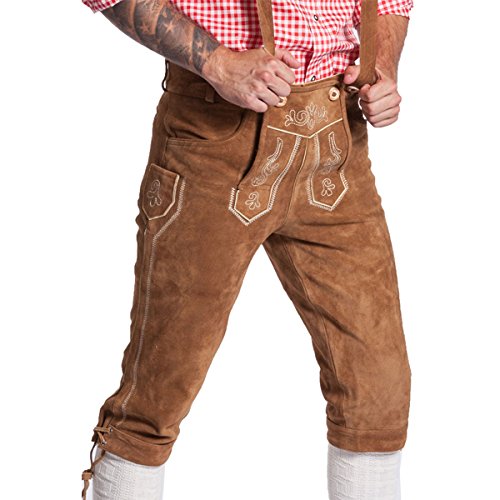 FROHSINN Tradicional pantalón bávaro para el Oktoberfest para Hombres (la dimensión 48, Color: marrón Claro) Lederhosen en Largo o Corto con Tirantes Original