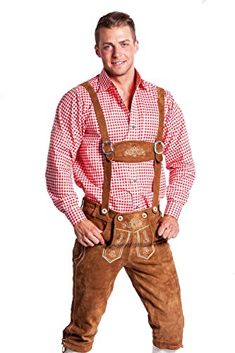 FROHSINN Tradicional pantalón bávaro para el Oktoberfest para Hombres (la dimensión 48, Color: marrón Claro) Lederhosen en Largo o Corto con Tirantes Original