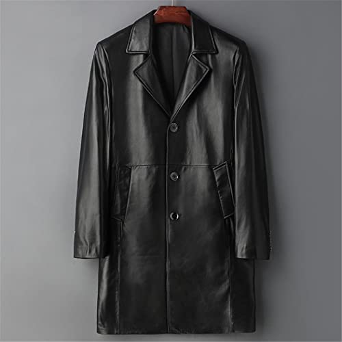 Gabardina del cuero genuino de la primavera, chaquetas largas de la zalea de los hombres, Negro, XL