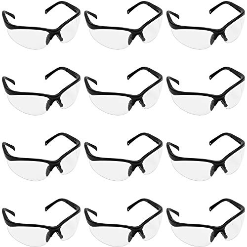 Gafas de Seguridad Negras , Gafas Proteccion - Trozo 12 Gafas Protectoras Ojos con Lentes Plástico Transparente y Plaquetas Nasales y Fundas de Patillas de Goma para un Ajuste Cómodo - Laboratorio Química, Construcciones y Más