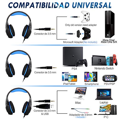 Galopar Auriculares Gaming PS4 Auriculares con Micrófono, Reducción de Ruido, Sonido Envolvente, Auriculares con Cable para PS4,PC,Xbox One,Nintendo Switch - Azul