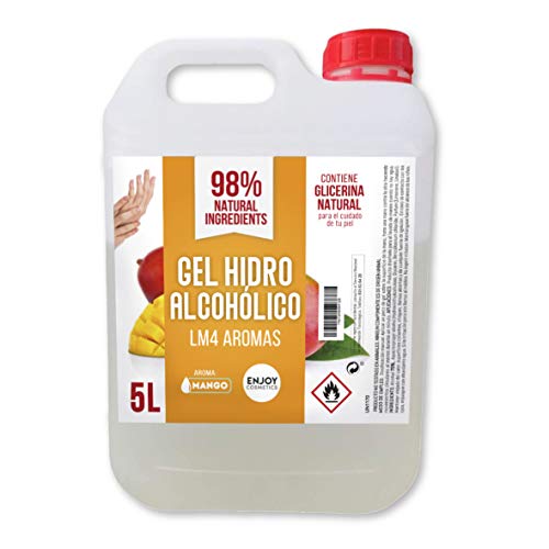Gel hidroalcohólico, higienizante de 5 litros. Aroma suave a MANGO. Glicerina natural para el cuidado piel. 70% Alcohol. Desinfecta e higieniza cuidando tu piel.