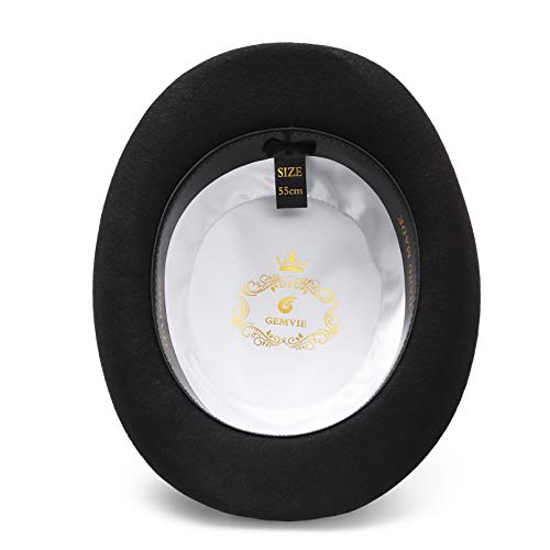 GEMVIE Sombrero de Copa Hombre Mujer de 100% Lana de Fieltro Sombreros Fedora Sombrero Boda con Cinta Forro de Raso Sombrero de Fieltro Negro