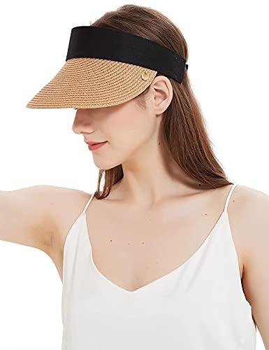 Geschallino Mujeres Viseras de Sol de ala Ancha con Hebilla de Metal Plegable Sombrero de Paja de Playa de Mujer Ligero y Plegable para el Verano UV Gorra, Marrón