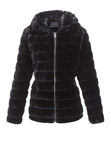 Giolshon Chaqueta de Forro Polar de piel Sintética para Mujer con Capucha, Abrigo de Invierno Termica 1801 Negro XL