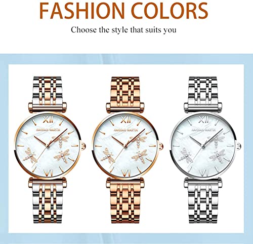 GJPSXTY Señoras Reloj de Pulsera Creativas Diseño de libélula Mujeres Relojes Mujeres Malla Vestido Reloj, Estilo Simplicidad - Diseño de libélula Cinturón de Malla Dorado