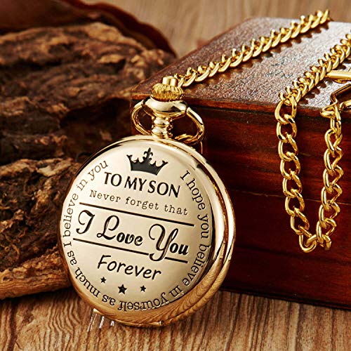 GORBEN Relojes de bolsillo grabados con texto en inglés "I Love You Forever" y cadenas de clip para llavero de cuarzo, Color dorado.,
