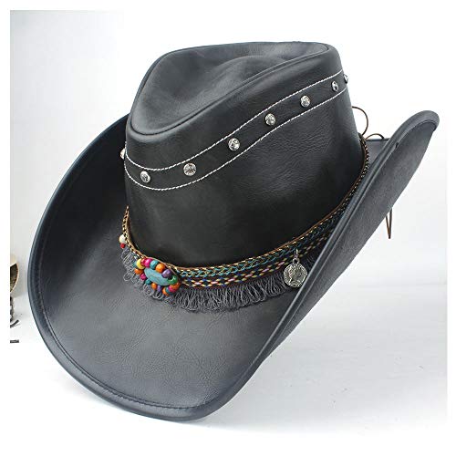 Gorra de cuero hecha a mano Hombres Mujeres Sombrero de cuero de vaquero occidental con cinta de borla Sombrero de ala ancha de invierno Talla 58-59 cm Negro Autumn fashion