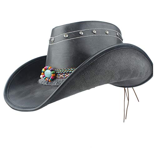 Gorra de cuero hecha a mano Hombres Mujeres Sombrero de cuero de vaquero occidental con cinta de borla Sombrero de ala ancha de invierno Talla 58-59 cm Negro Autumn fashion