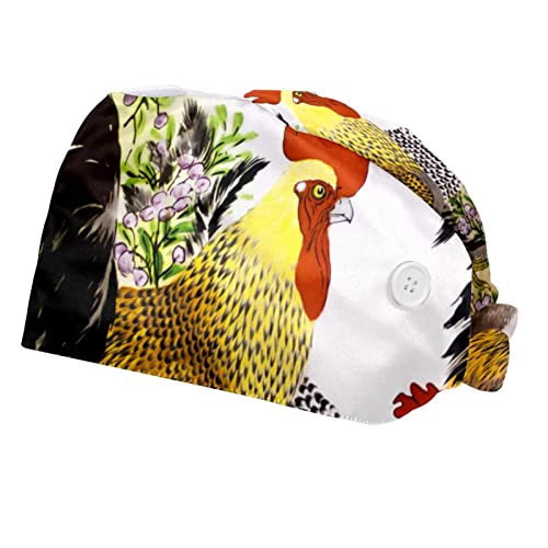 Gorra de trabajo con botón y banda para el sudor ajustable 2 piezas,flor de pollo gallo animal,Sombrero con lazo elástico estampado en la espalda