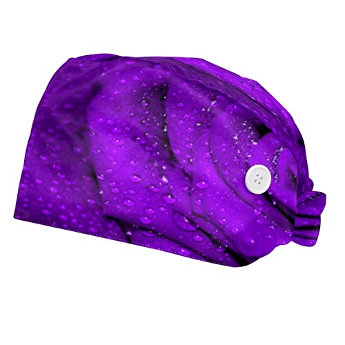 Gorra de trabajo con botón y banda para el sudor ajustable 2 piezas,Rosa púrpura con rocío,Sombrero con lazo elástico estampado en la espalda