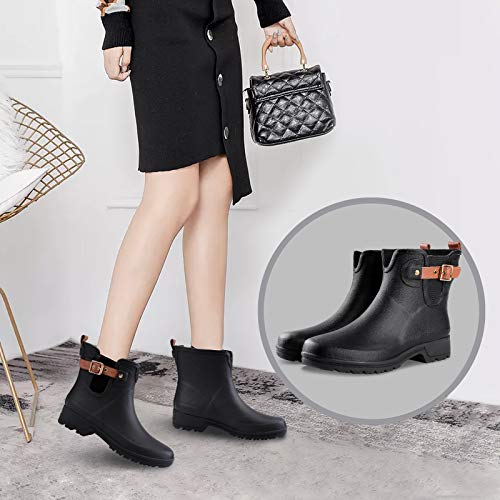 gracosy Botas de Agua para Mujer Zapatos de Lluvia Impermeable Chelsea Botas Otoño Invierno Goma Wellington Botas Antideslizante Corto Botas Negro 40