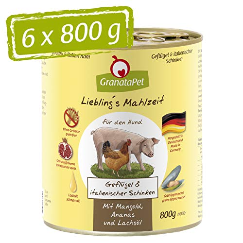 GranataPet Liebling's Comida de Aves de Corral y jamón Italiano, Comida húmeda para Perros, sin Cereales ni azúcares, alimento Completo para Perros, 6 x 800 g
