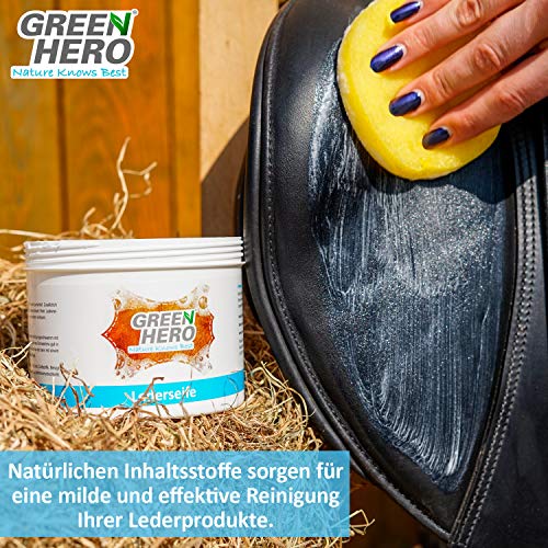 Green Hero Jabón para cuero, 500 ml, limpiador de cuero, incluye esponja limpiadora para piel lisa, coche, zapatos, sofá, bolsos y muebles