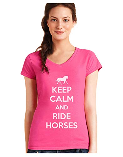 Green Turtle T-Shirts Camiseta de Cuello V para Mujer - Keep Calm and Ride Horses - Regalo Original para los Amantes de los Caballos y la Equitación Small Fucsia