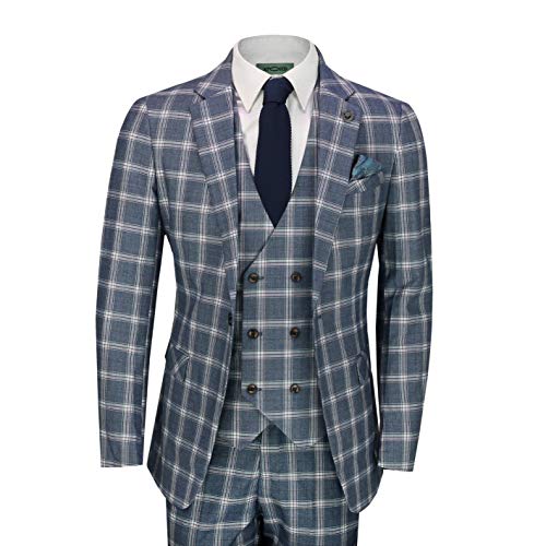 Gris Clásico Azul Príncipe De Los Hombres De Cheques Gales 3 Pieza Doble De Pecho Elegante Traje Retro A Medida [SUIT-905-2-C9-GREY-36UK]