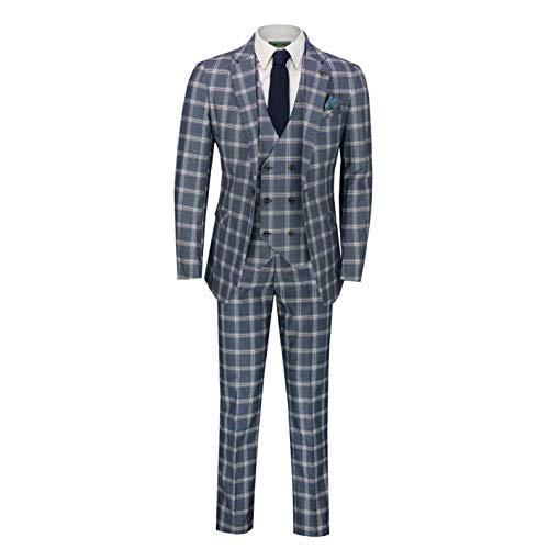 Gris Clásico Azul Príncipe De Los Hombres De Cheques Gales 3 Pieza Doble De Pecho Elegante Traje Retro A Medida [SUIT-905-2-C9-GREY-36UK]