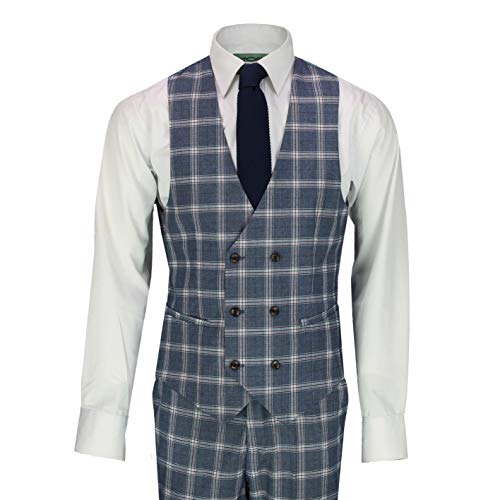 Gris Clásico Azul Príncipe De Los Hombres De Cheques Gales 3 Pieza Doble De Pecho Elegante Traje Retro A Medida [SUIT-905-2-C9-GREY-36UK]