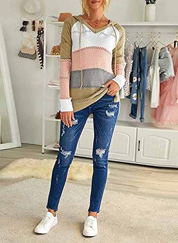 GRMLRPT Sudaderas con Capucha para Mujer Manga Larga Punto Suéter Chaqueta Talla Grande Pulóver Hoodie Suelto Cordón Rayas Sweatshirt Cuello en V Blusa