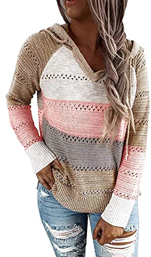 GRMLRPT Sudaderas con Capucha para Mujer Manga Larga Punto Suéter Chaqueta Talla Grande Pulóver Hoodie Suelto Cordón Rayas Sweatshirt Cuello en V Blusa