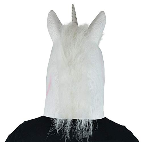 Grsafety2019 Máscara de caballo de unicornio de látex de cabeza completa realista máscara de cabeza de animal para disfraz de fiesta de Halloween, cosplay de máscaras, pelo blanco