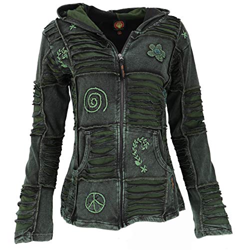 GURU SHOP Goa Patchwork - Chaqueta con capucha para mujer, algodón, estilo bohemio, verde oscuro, 38