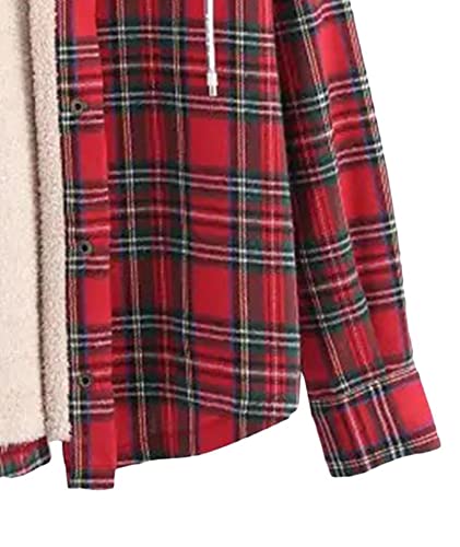 HAHAEMMA Chaqueta con capucha para mujer, camisa a cuadros, forrada, forro polar, franela, manga larga, cordón, sudadera Fuzzy, camisa, abrigo, blusa de invierno, A-rojo., XL