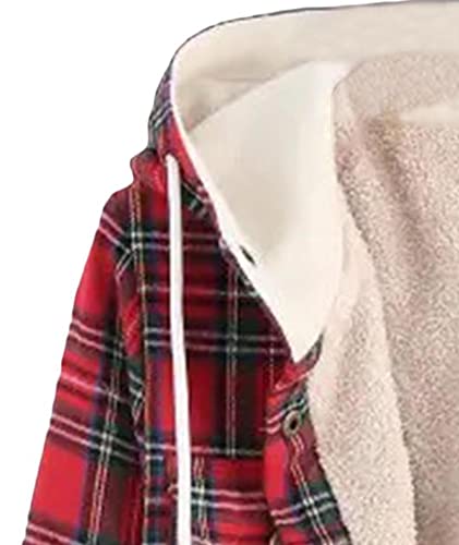 HAHAEMMA Chaqueta con capucha para mujer, camisa a cuadros, forrada, forro polar, franela, manga larga, cordón, sudadera Fuzzy, camisa, abrigo, blusa de invierno, A-rojo., XL