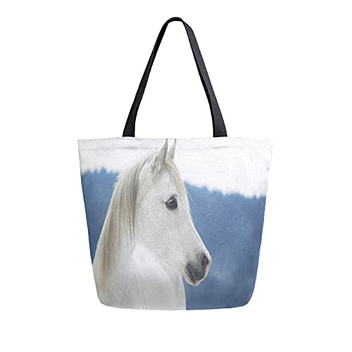 HaJie - Bolsa de lona para invierno, diseño de caballo blanco y animales, resistente, linda bolsa de compras para mujeres, hombres, escuela, lona, libros