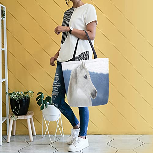 HaJie - Bolsa de lona para invierno, diseño de caballo blanco y animales, resistente, linda bolsa de compras para mujeres, hombres, escuela, lona, libros