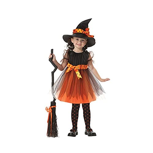 Halloween niña Bruja Cosplay Traje niños Corto, Vestido de Manga con Cinta de Lunares Sombrero Puntiagudo para Halloween Party Props (Color : Orange, Size : 100 (Age 3-4T))