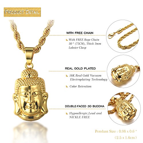 HALUKAKAH Cadena de Oro para Hombre Chapado en Oro Real de 18k Collar Colgante Cabeza de Buda Diamantes Artificiales Conjunto con 3mm Cadena de Cuerda 75cm,Caja