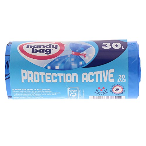 Handy bag 4 rollos de 20 bolsas de basura 30 L, cierre con bridas, protección Active antibacteriana, antigoteo, 50 x 70 cm, azul, opaco