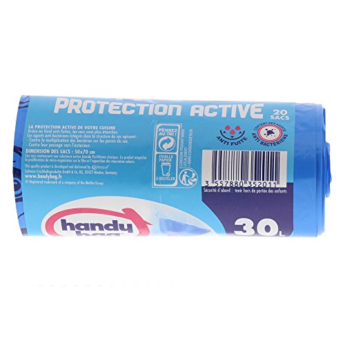 Handy bag 4 rollos de 20 bolsas de basura 30 L, cierre con bridas, protección Active antibacteriana, antigoteo, 50 x 70 cm, azul, opaco